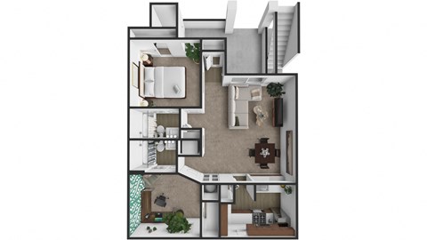 A floor plan of a house with a kitchen, living room, and bathroom.